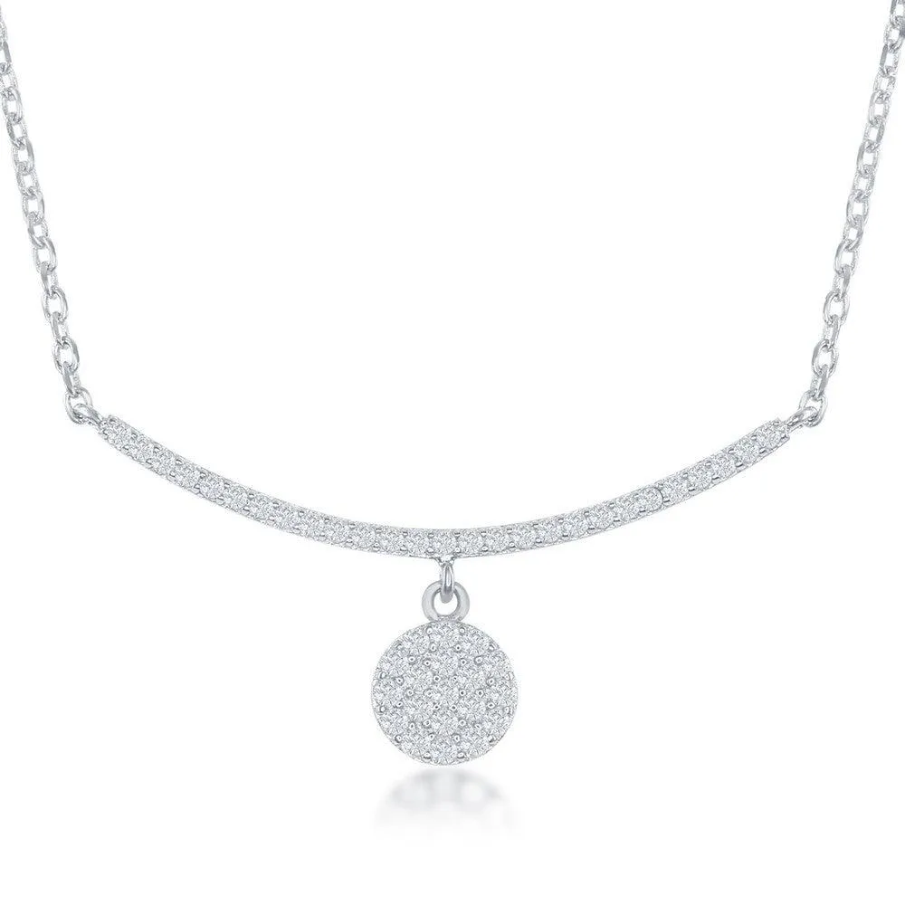 Classic Jewelry Sterling Silver CZ Curved Bar with Dangling Disc Necklace
