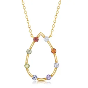 Classic Jewelry Sterling Silver Gold Plated Rainbow CZ Open Pear-Shaped Necklace
