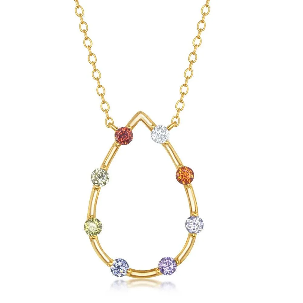 Classic Jewelry Sterling Silver Gold Plated Rainbow CZ Open Pear-Shaped Necklace
