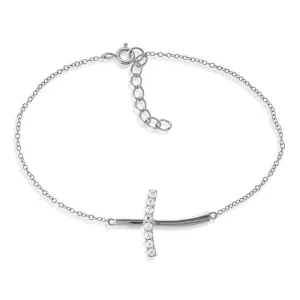Classic Jewelry Sterling Silver Half CZ Curved Sideways Cross Bracelet, 7"