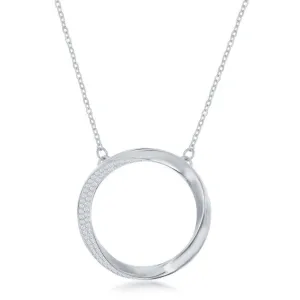 Classic Jewelry Sterling Silver Half Micro-Pave Twisted Open Circle Necklace
