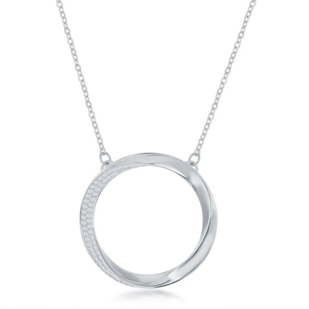 Classic Jewelry Sterling Silver Half Micro-Pave Twisted Open Circle Necklace