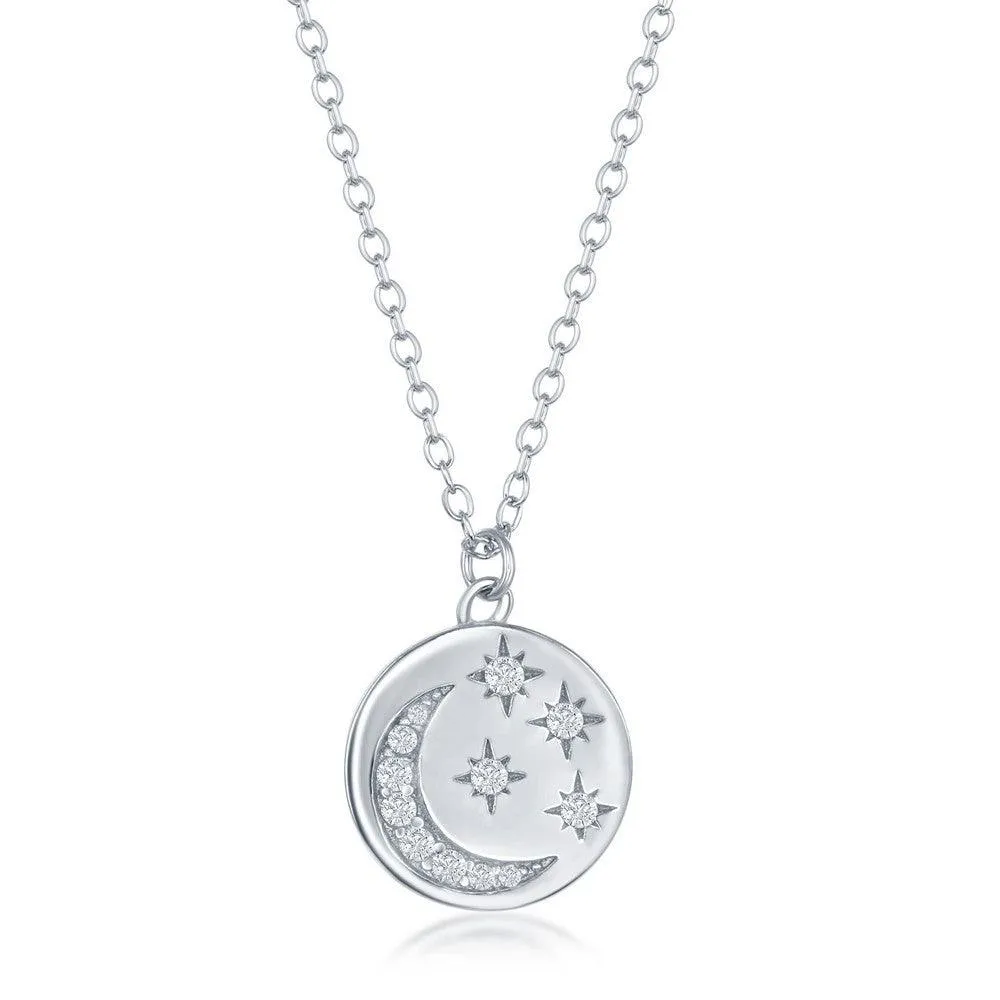 Classic Jewelry Sterling Silver Moon and Stars Cubic Zirconia Necklace