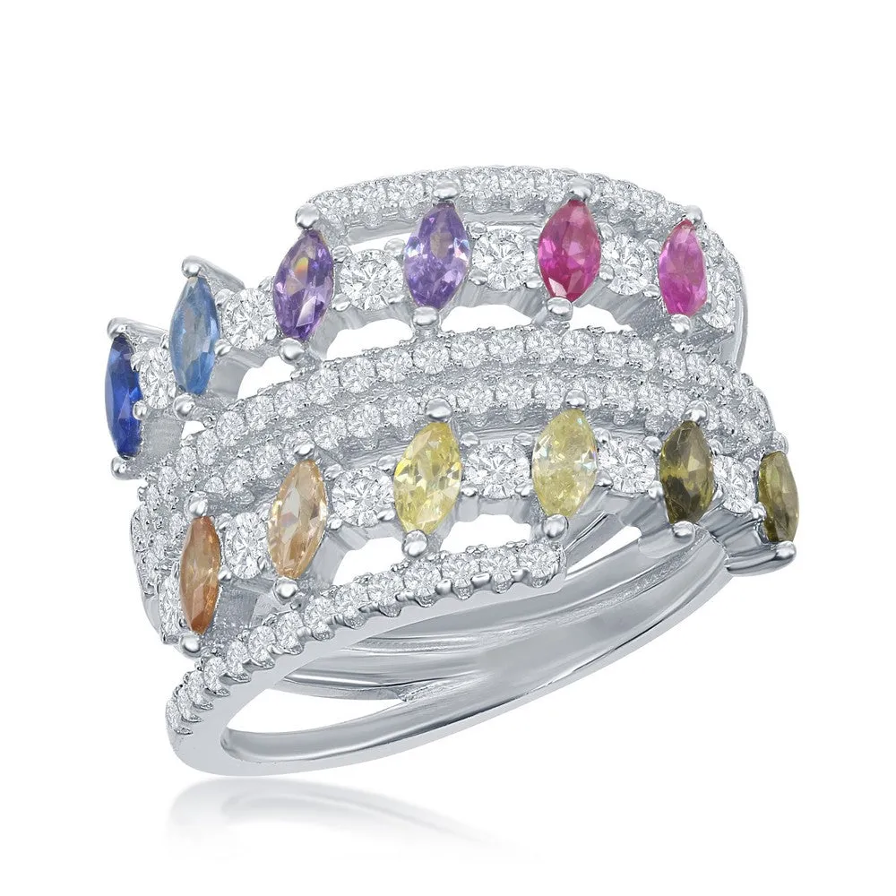 Classic Jewelry Sterling Silver Multi-Color Marquise CZ Double Ring - W-2441