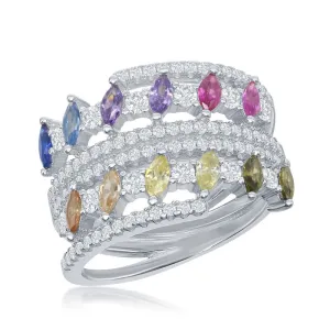 Classic Jewelry Sterling Silver Multi-Color Marquise CZ Double Ring - W-2441