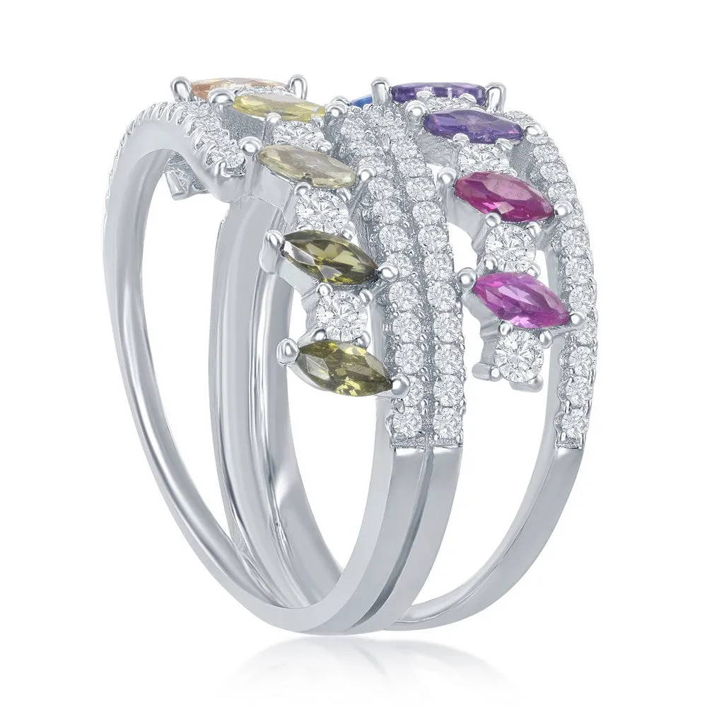 Classic Jewelry Sterling Silver Multi-Color Marquise CZ Double Ring - W-2441