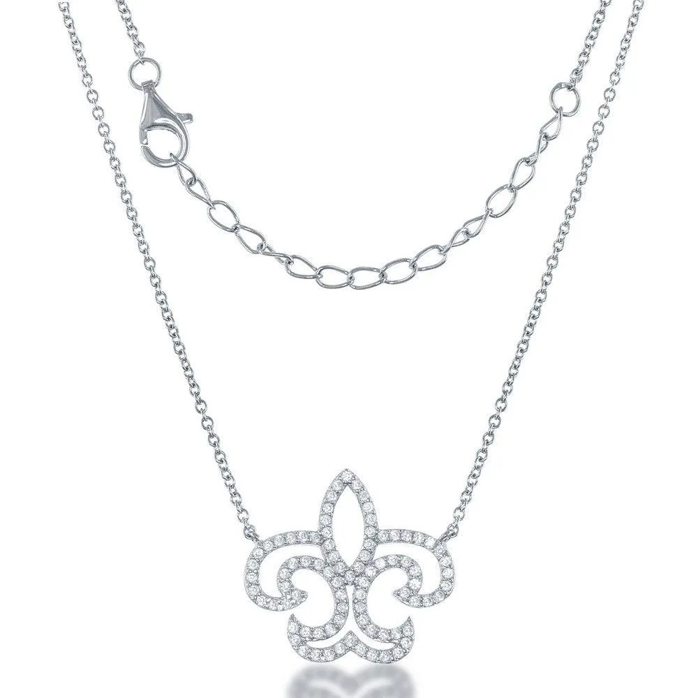 Classic Jewelry Sterling Silver Open CZ Fleur De Lis Necklace