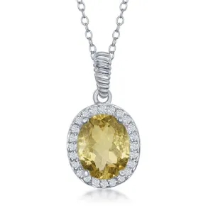 Classic Jewelry Sterling Silver Oval Citrine with White Topaz Border Necklace