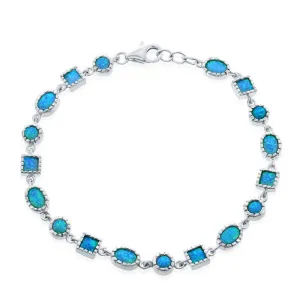 Classic Jewelry Sterling Silver Oval, Square and Circle Blue Inlay Opal Bracelet