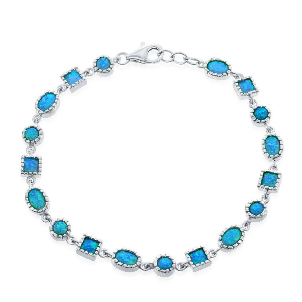 Classic Jewelry Sterling Silver Oval, Square and Circle Blue Inlay Opal Bracelet