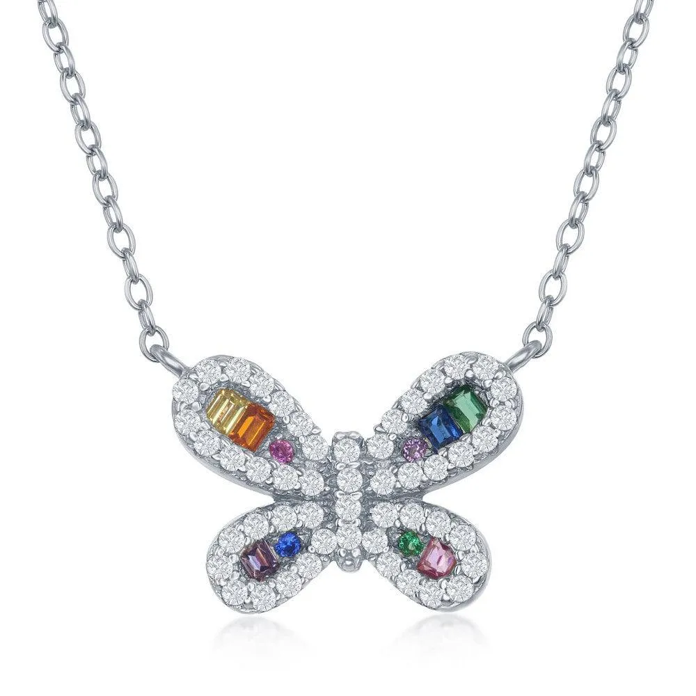 Classic Jewelry Sterling Silver Rainbow Cubic Zirconia Butterfly Necklace
