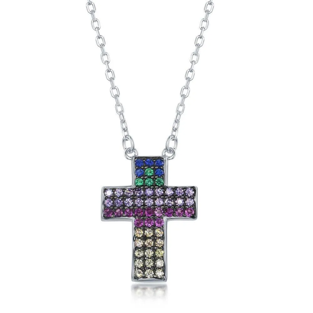 Classic Jewelry Sterling Silver Rainbow Cubic Zirconia Cross Necklace