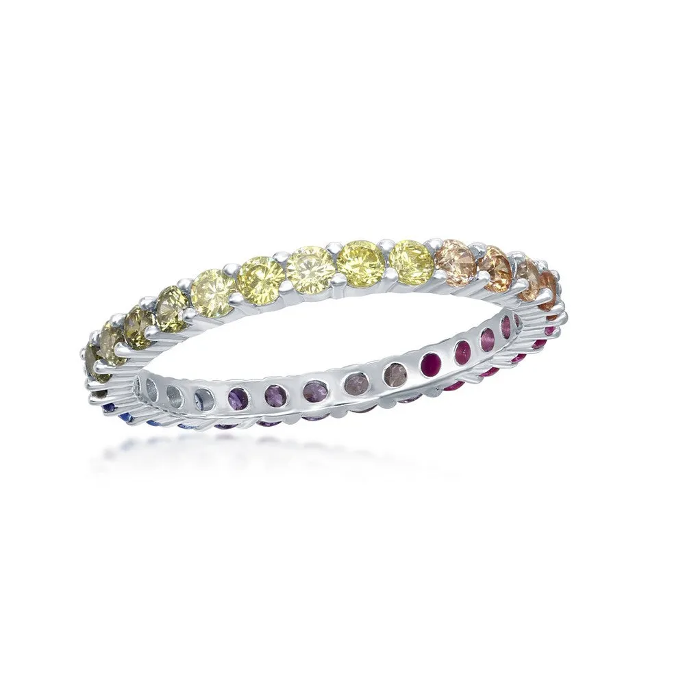 Classic Jewelry Sterling Silver Rainbow CZ 2mm Eternity Band Ring - W-2139
