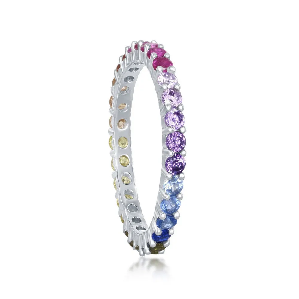 Classic Jewelry Sterling Silver Rainbow CZ 2mm Eternity Band Ring - W-2139