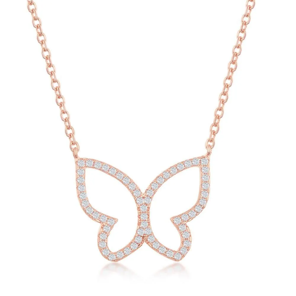 Classic Jewelry Sterling Silver Rose Gold Plated Open Butterfly CZ Necklace