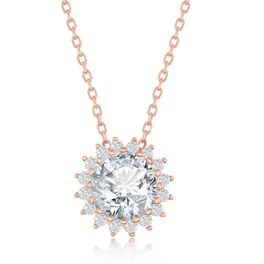 Classic Jewelry Sterling Silver Rose Gold Plated Round Halo Flower CZ Necklace