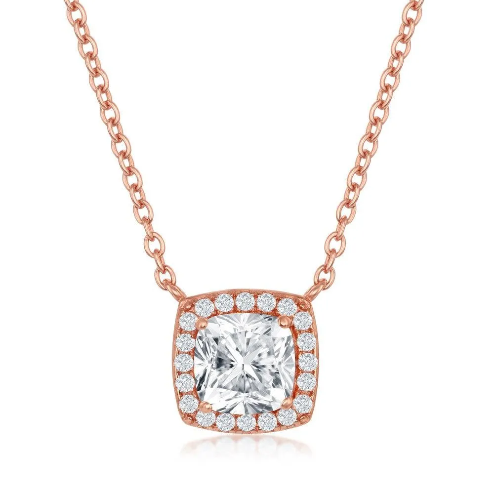 Classic Jewelry Sterling Silver Rose GP Princess-Cut with CZ Border Necklace