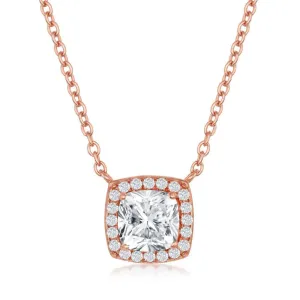 Classic Jewelry Sterling Silver Rose GP Princess-Cut with CZ Border Necklace
