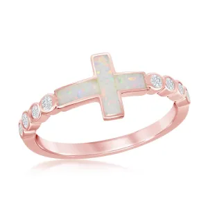 Classic Jewelry Sterling Silver Rose GP White Inlay Opal Cross CZ Ring - W-2260