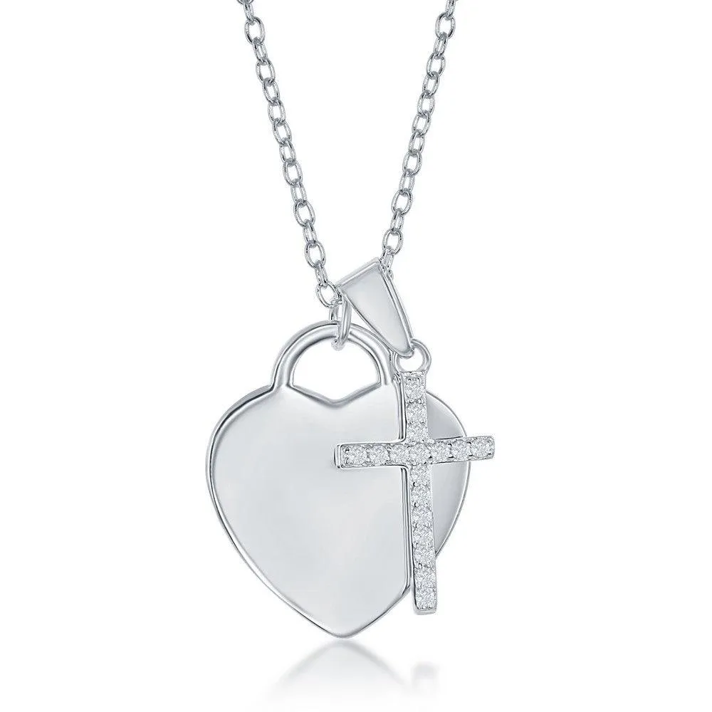 Classic Jewelry Sterling Silver Shiny Heart with Small CZ Cross Necklace