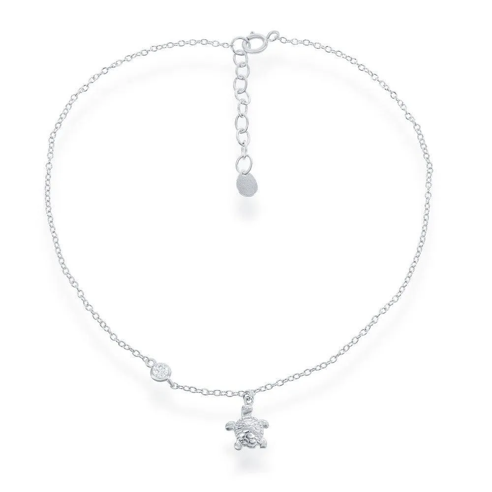 Classic Jewelry Sterling Silver Turtle Charm with Single CZ Anklet