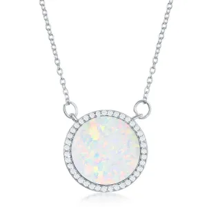 Classic Jewelry Sterling Silver White Inlay Opal Circle with CZ Border Necklace