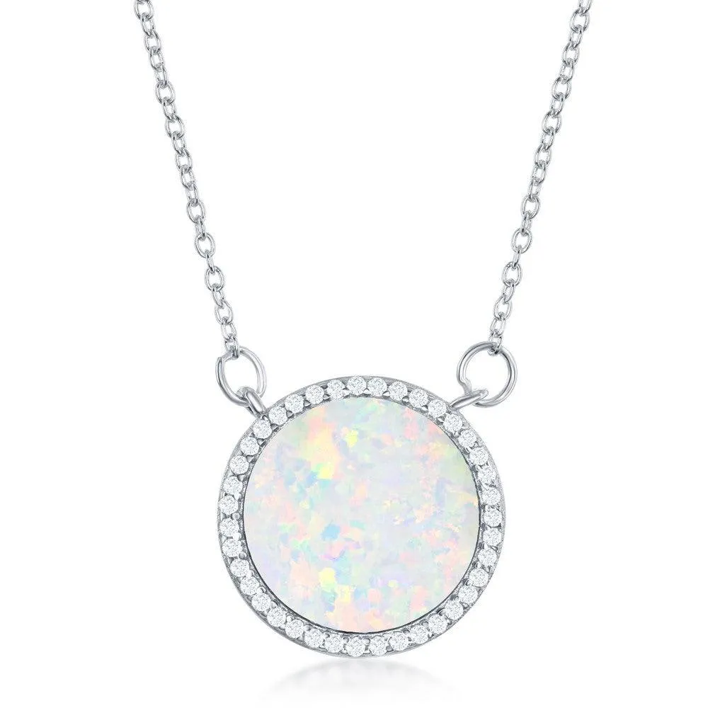 Classic Jewelry Sterling Silver White Inlay Opal Circle with CZ Border Necklace