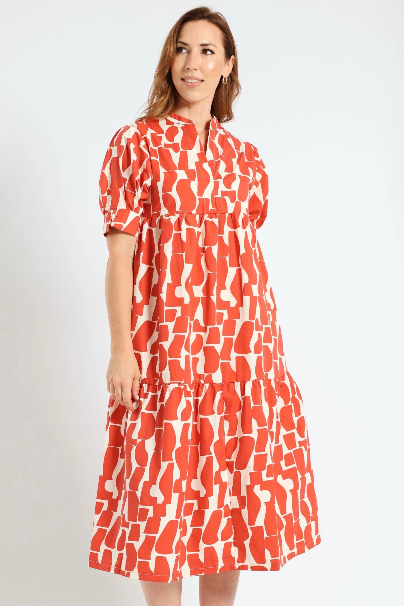 Polyester - used fashion Mandarin Collar Tiered Midaxi Dress - Orange Affordable fashion