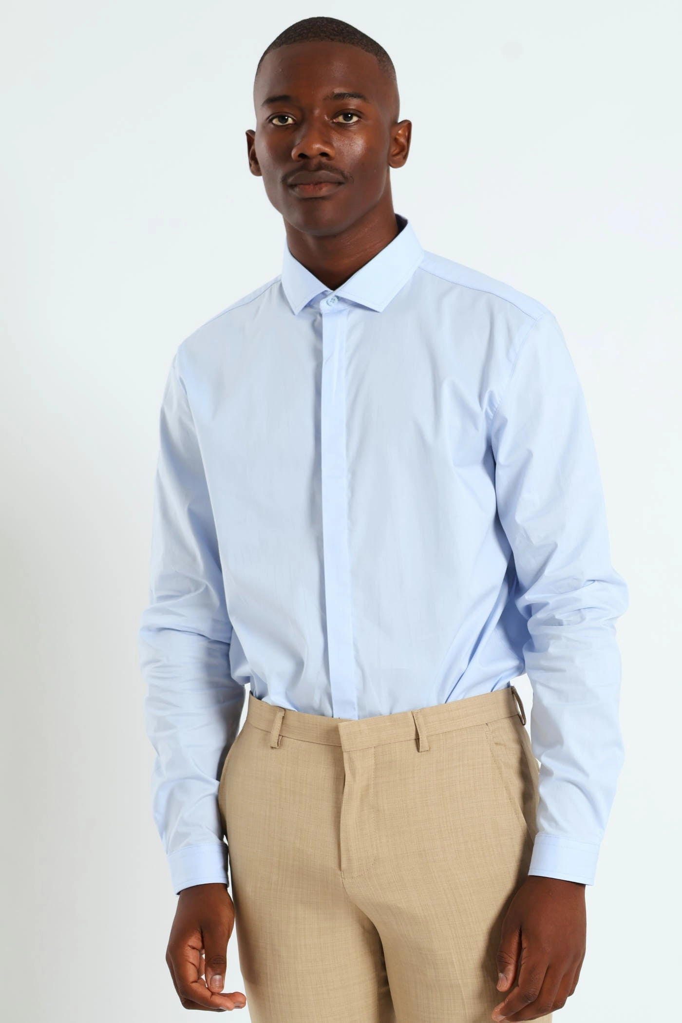 Stretch Concealed Placket Shirt - Light Blue Fashion trends Linen - crafted fashion