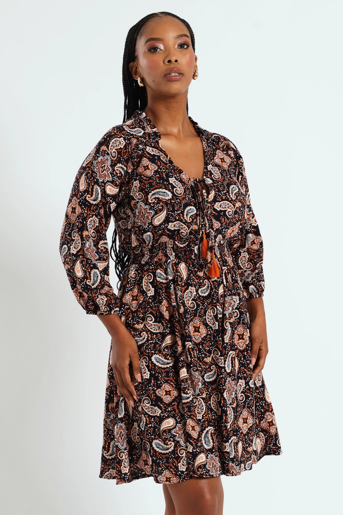 Clothing prices 3/4 Sleeve Shirred Waist Mini Dress With Tassle - Navy Apparel finds
