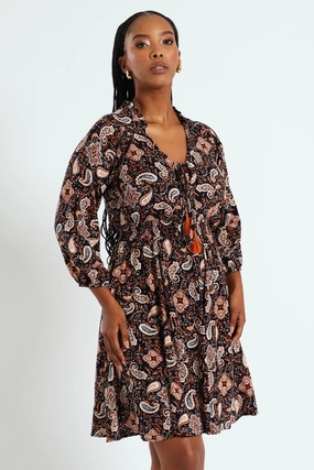 Clothing prices 3/4 Sleeve Shirred Waist Mini Dress With Tassle - Navy Apparel finds