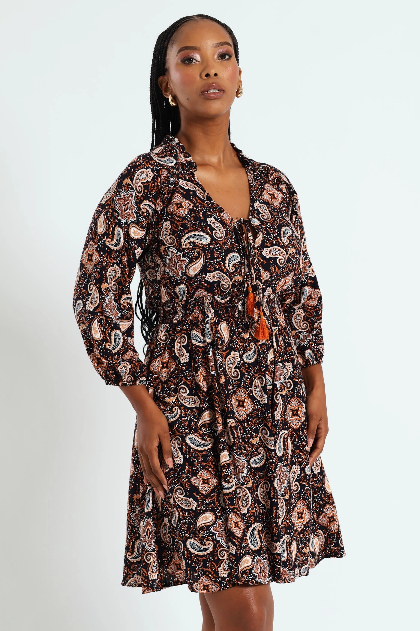 3/4 Sleeve Shirred Waist Mini Dress With Tassle - Navy Street fashion Fashion influencers' recommendations