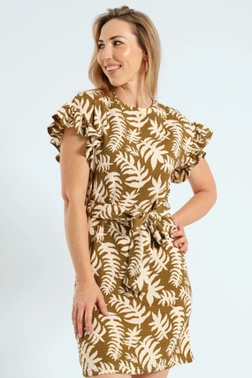 Clothing prices Frill Sleeve Belted Pleated Knit Shift Mini Dress - Avocado Modern fashion