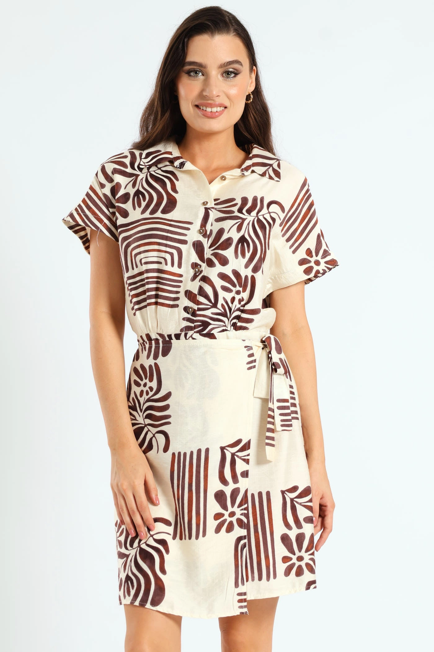 Half Placket Linen Wrap Mini Dress - Cream/Black Fashion for all body types Fashion photography