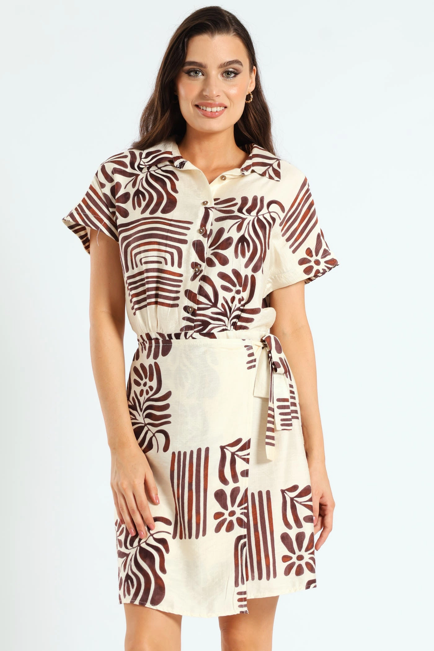 Stylish products Half Placket Linen Wrap Mini Dress - Cream/Black Denim - based fashion