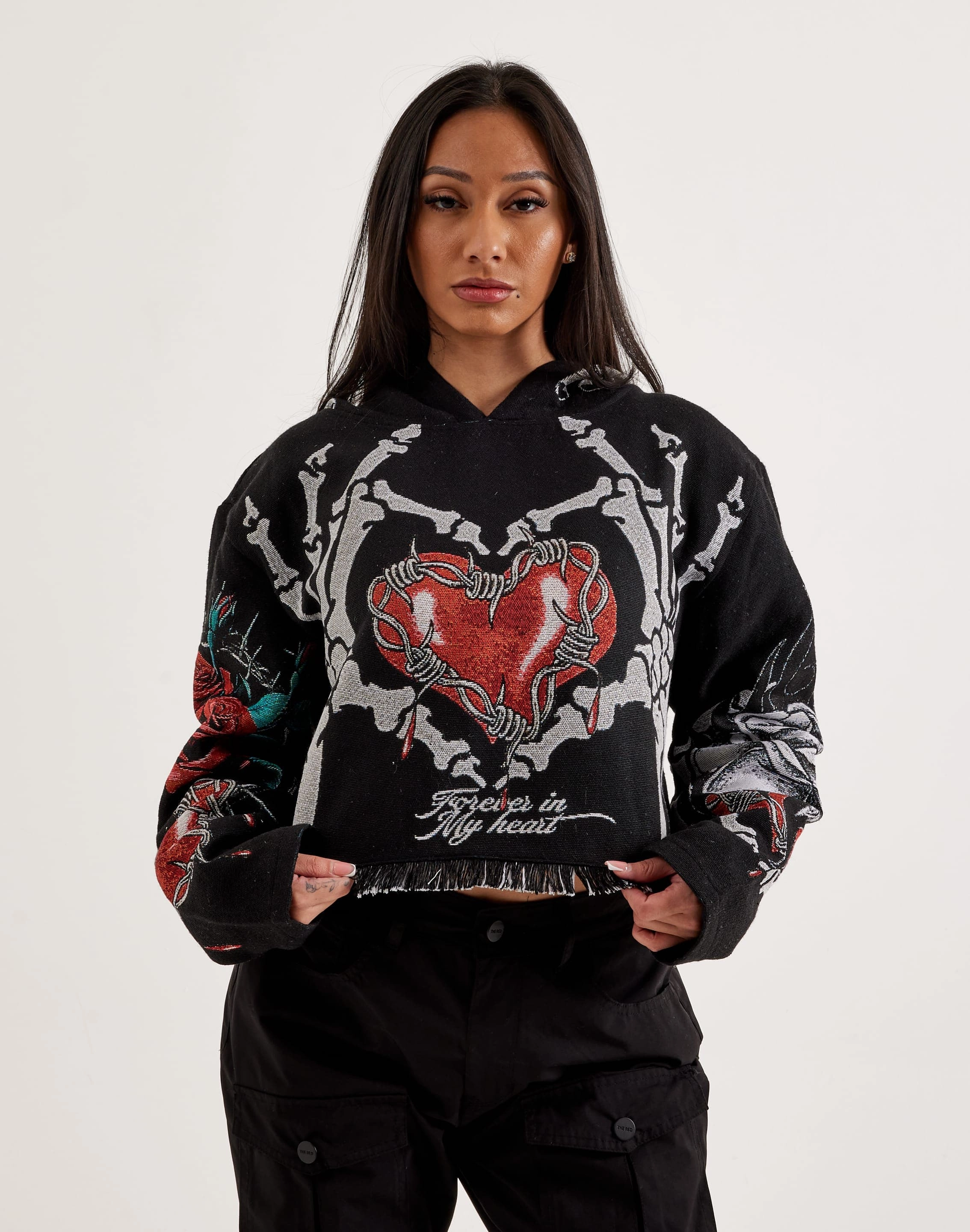Apparel finds Majestik Skeleton Tapestry Cropped Hoodie Designer fashion items