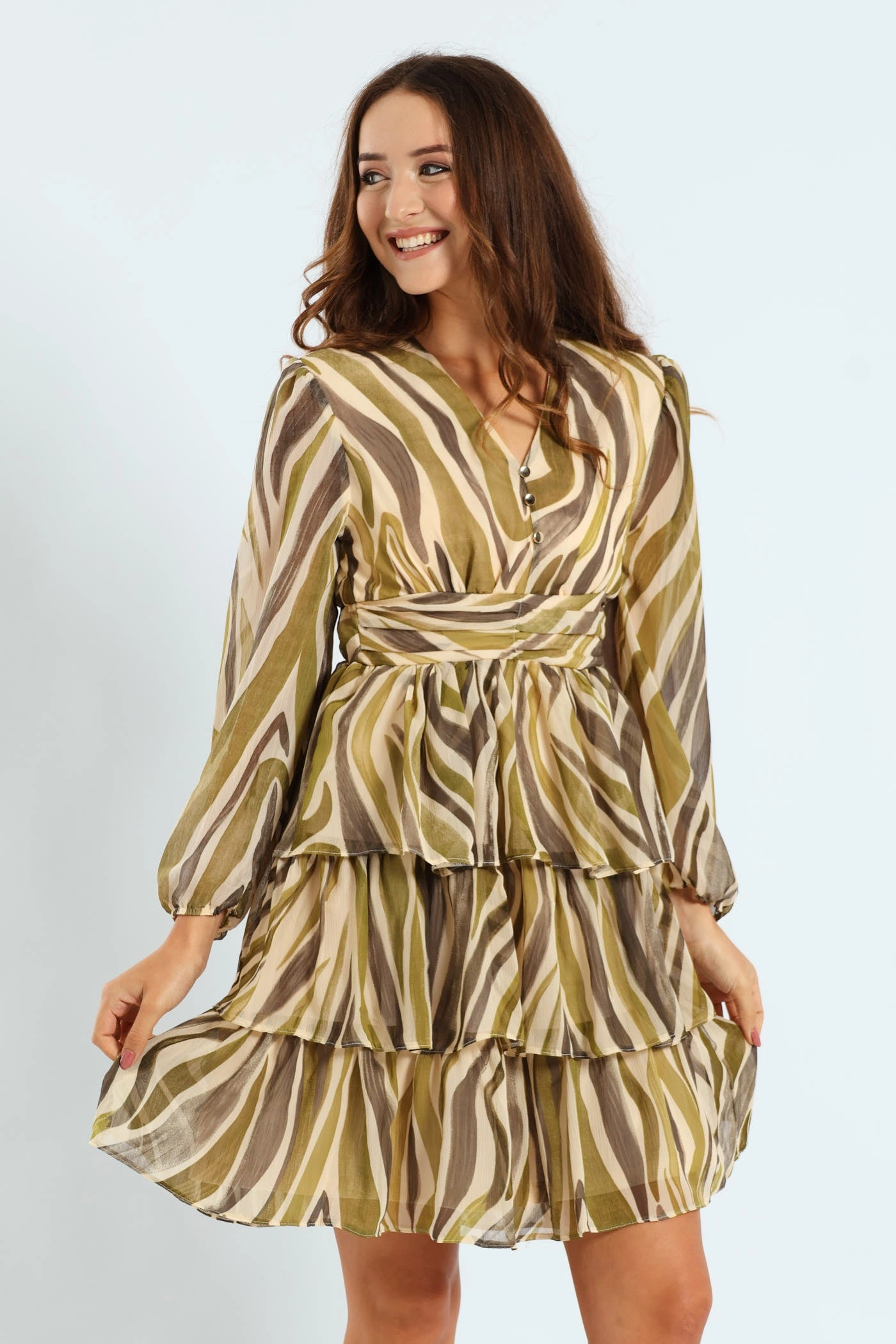 V-Neck Elasticated Waist Tiered Tea Dress - Green Minimalist fashion Seasonal wear