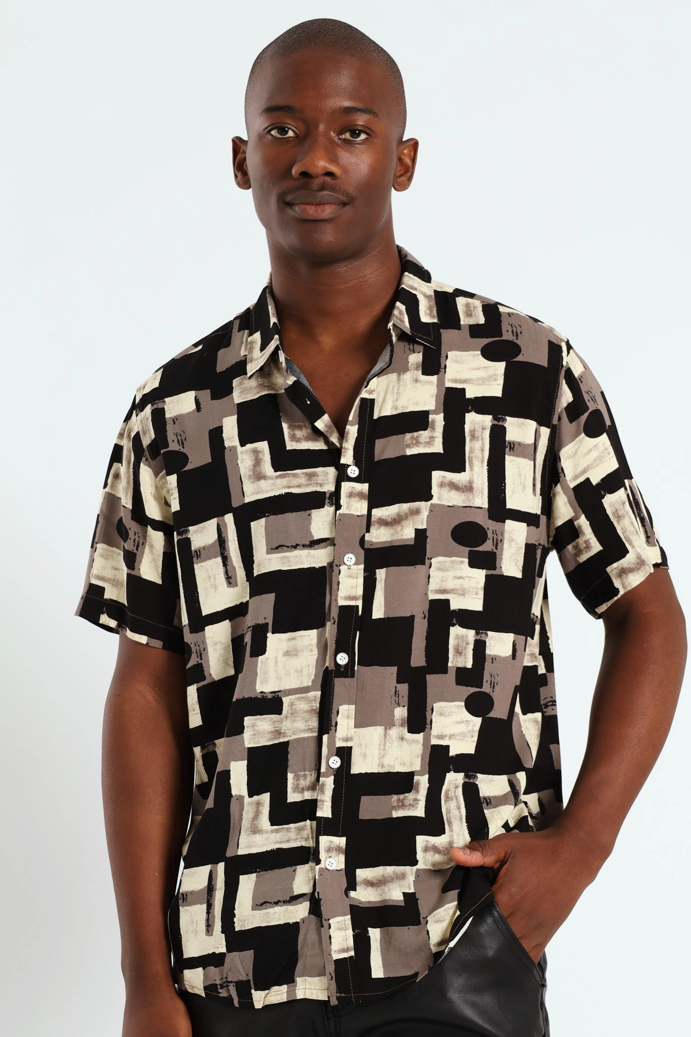 Viscose Geometic Print Shirt - Stone Cotton - made fashion Cotton - made fashion