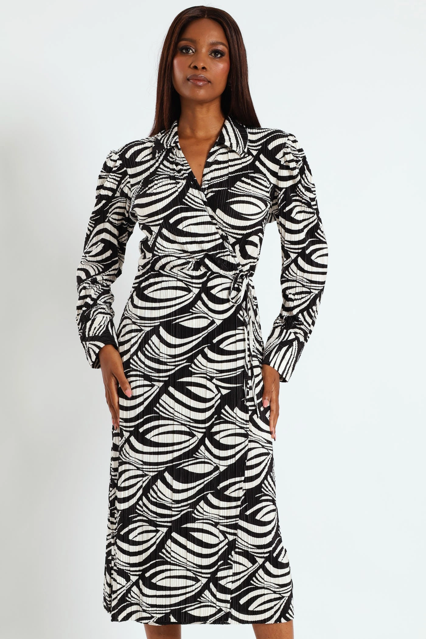 Everyday wear Collared Mock Wrap Plisse Midi Dress - Cream Party wear