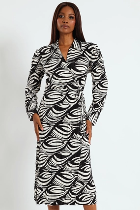 Collared Mock Wrap Plisse Midi Dress - Cream Polyester - used fashion Suede - finished fashion