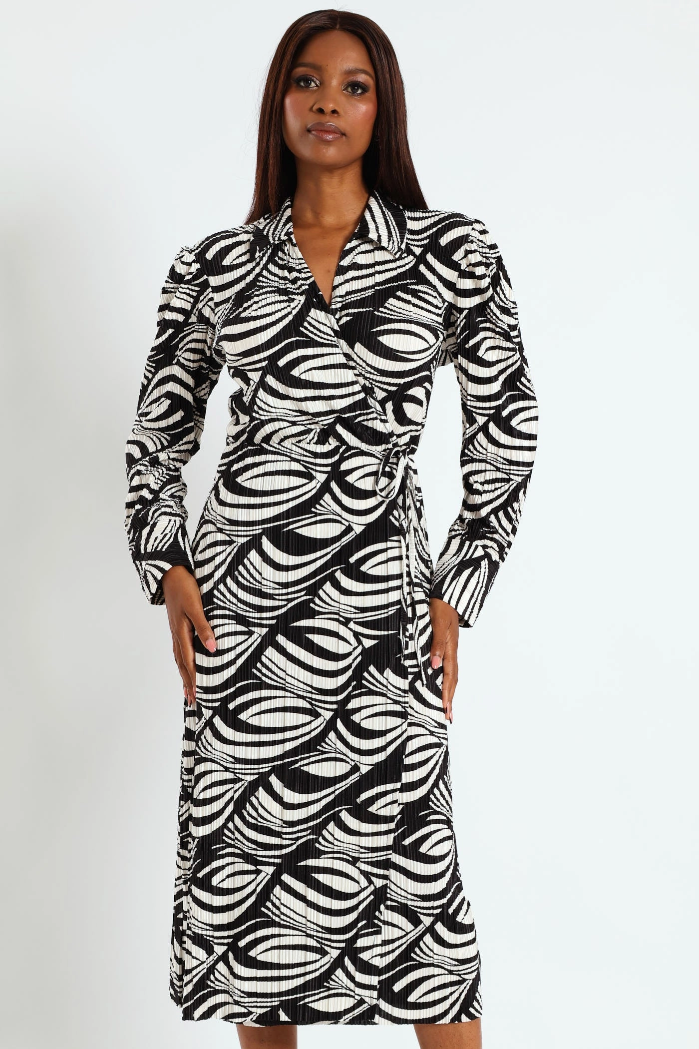 Fashion catalog Collared Mock Wrap Plisse Midi Dress - Cream Spandex - incorporated fashion