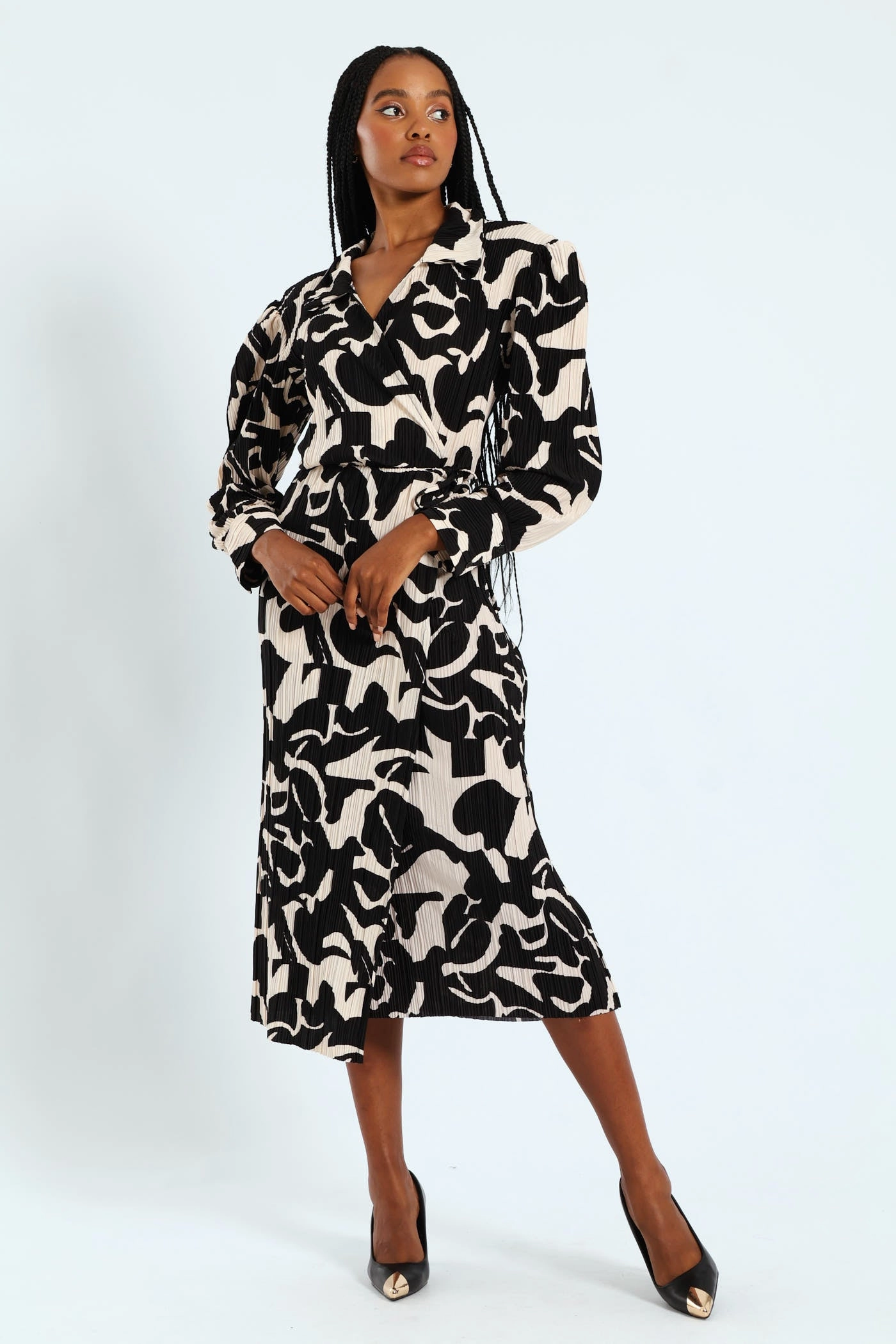 Fashion inspiration Collared Monochrome Plisse Midi Dress Comfortable apparel