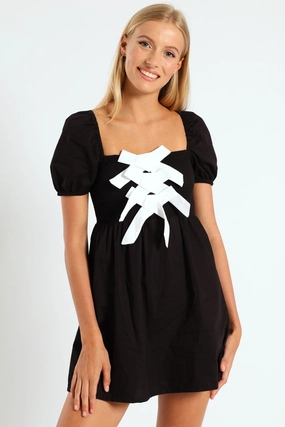 Contrast Bow Mini Dress - Black/White Affordable fashion Polyester - used fashion