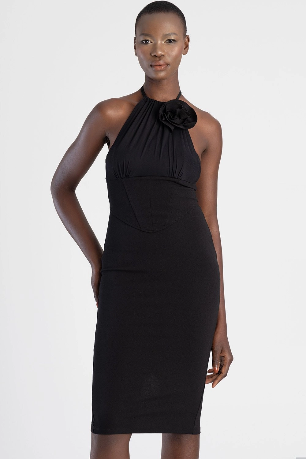 Corset Halter Midi Dress - Black Leather - material fashion Leather - material fashion