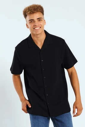 Cotton - made fashion Grid Waffel Shirt - Black Fashion catalog