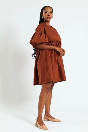 Cotton - made fashion Volume Sleeve Poplin Mini Dress - Rust Silk - fabric fashion