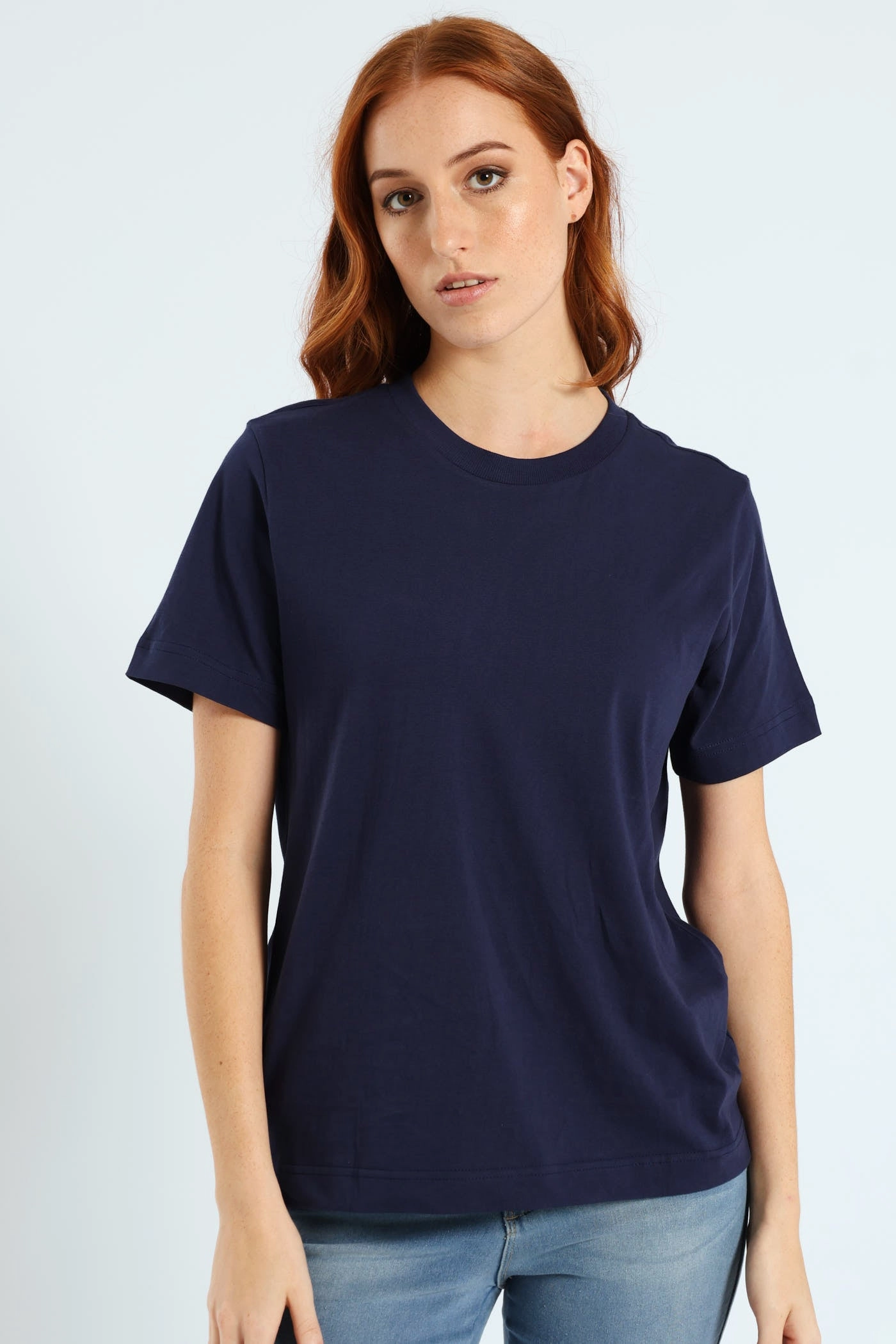 Cotton Rib Neck Boxy Tee - French Navy