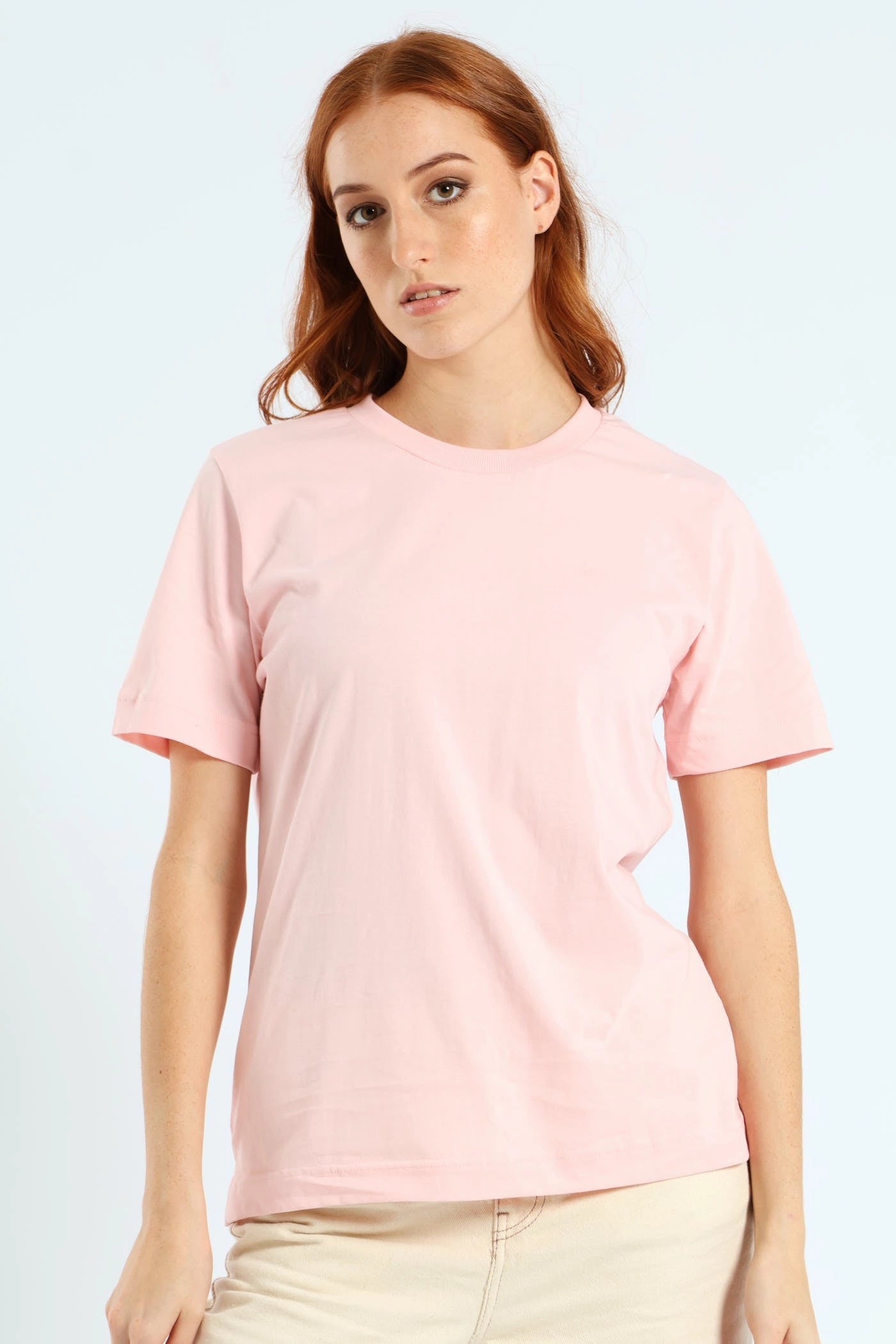 Cotton Rib Neck Boxy Tee - Light Pink