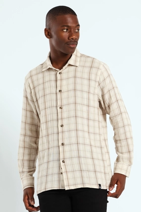Crinkle Check Shirt - Stone Cotton - made fashion Clothing and accessories
