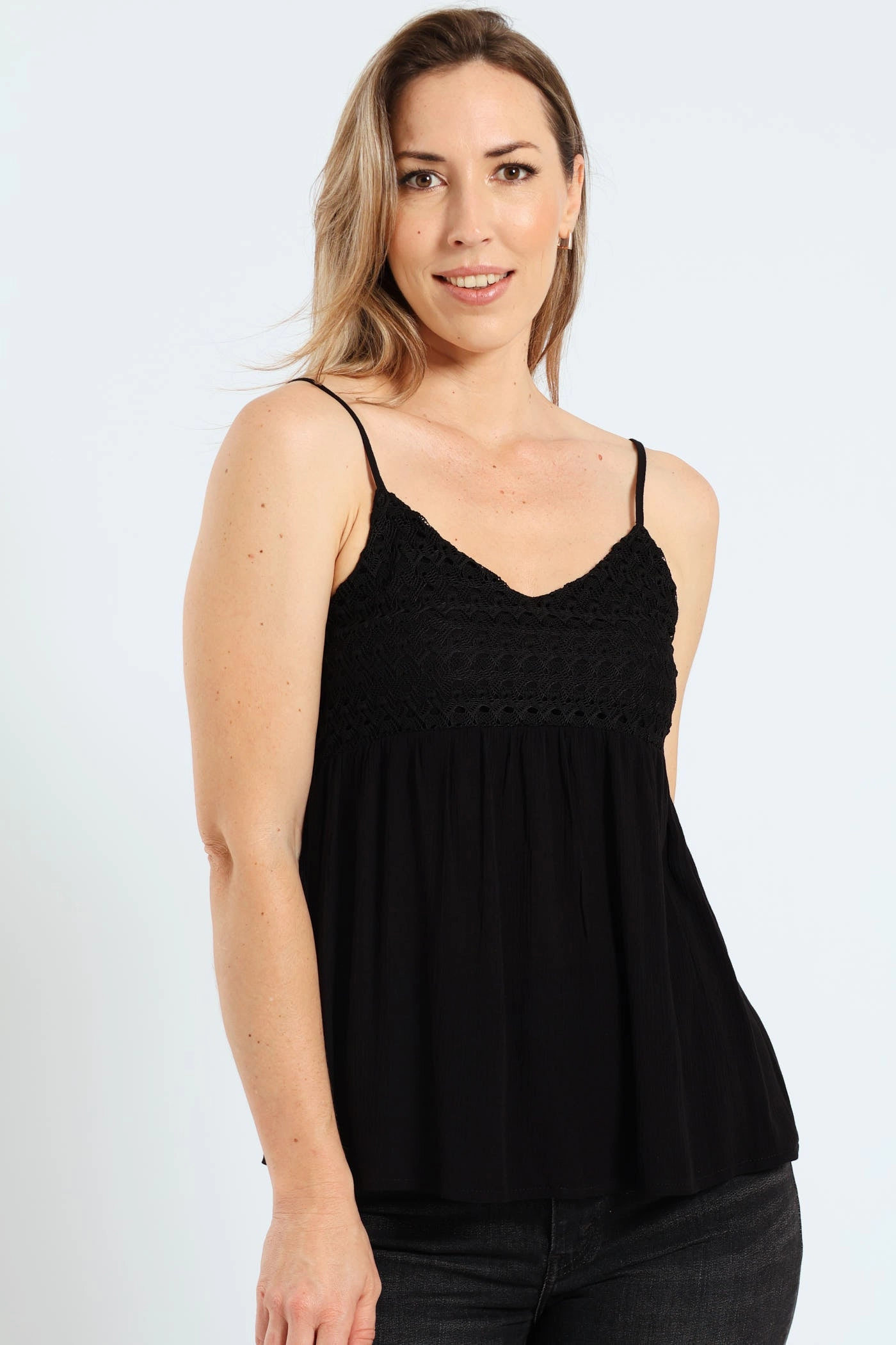 Crochet Bodice Babydoll Cami Top - Black